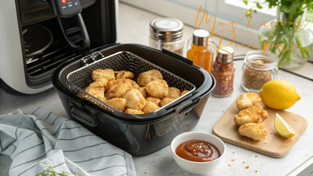 Golden crispy mushroom bites in an air fryer basket with a bowl of dipping sauce, lemon wedge, and seasonings on a kitchen counter.