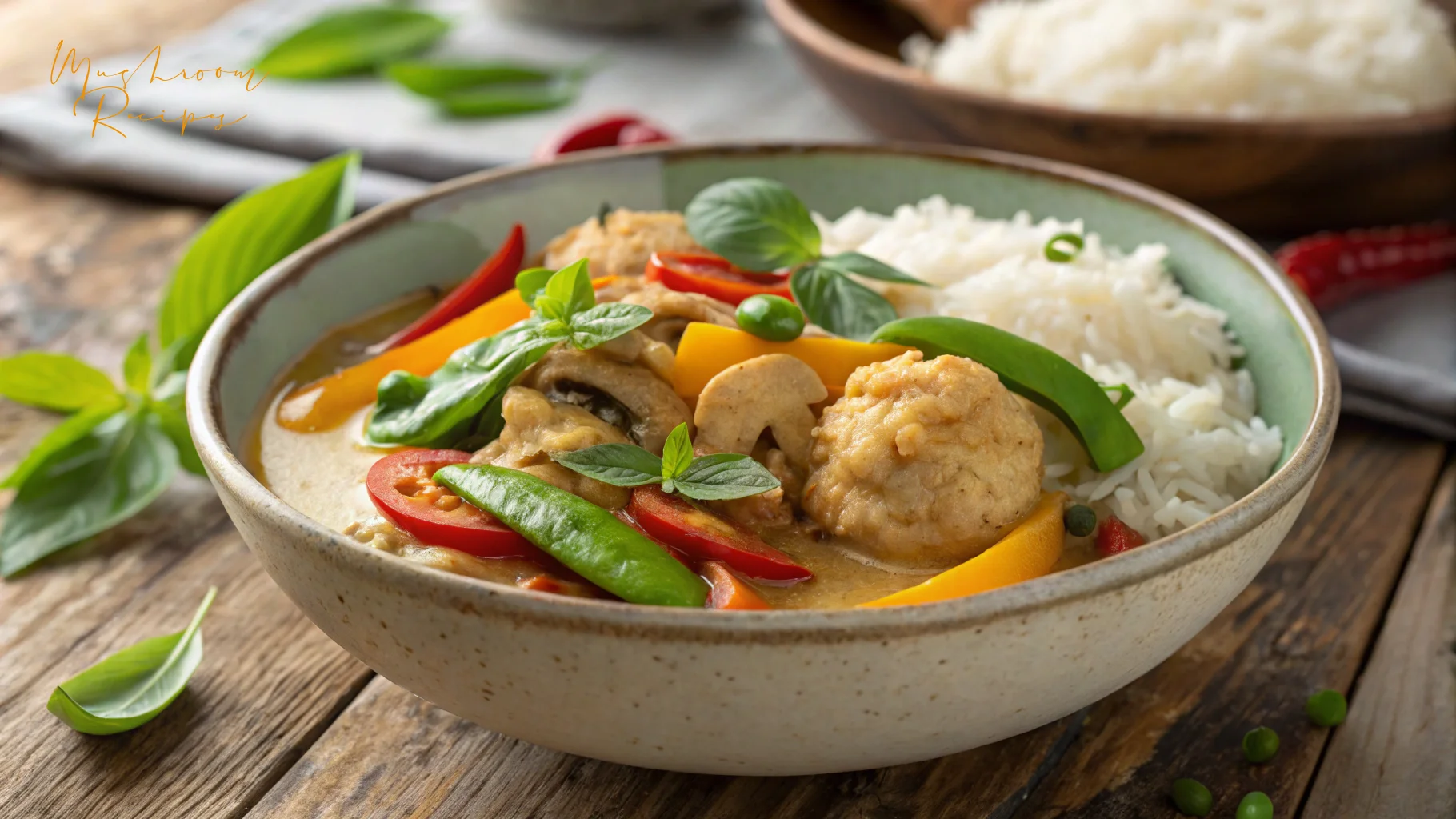 A bowl of Thai-inspired mushroom and vegetable curry with rice, garnished with fresh basil leaves, served in a rustic ceramic bowl on a wooden table.