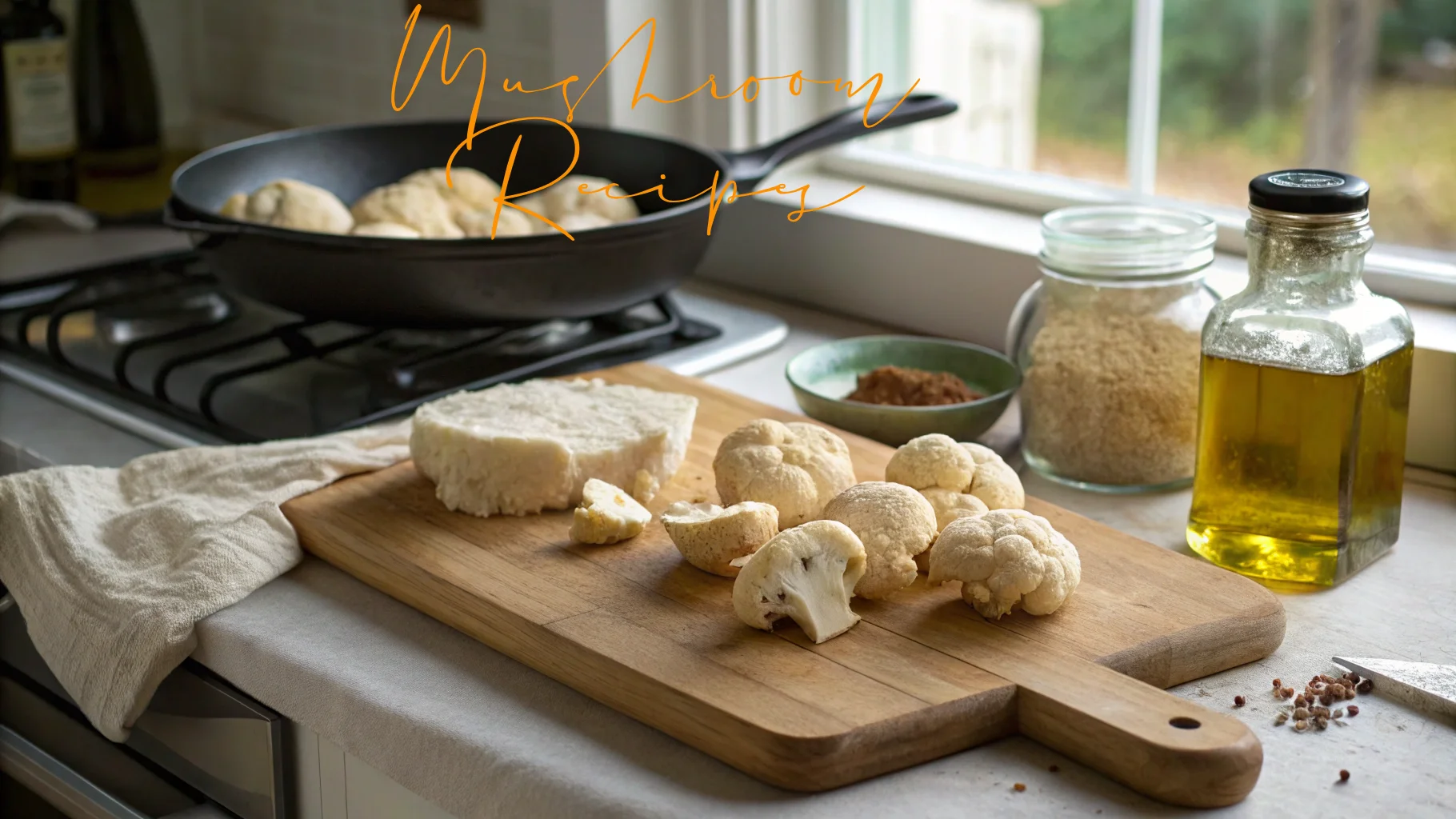 Fresh lion’s mane mushrooms and a wedge of white cheese on a wooden cutting board beside olive oil, breadcrumbs, and spices near a gas stove in a cozy kitchen.
