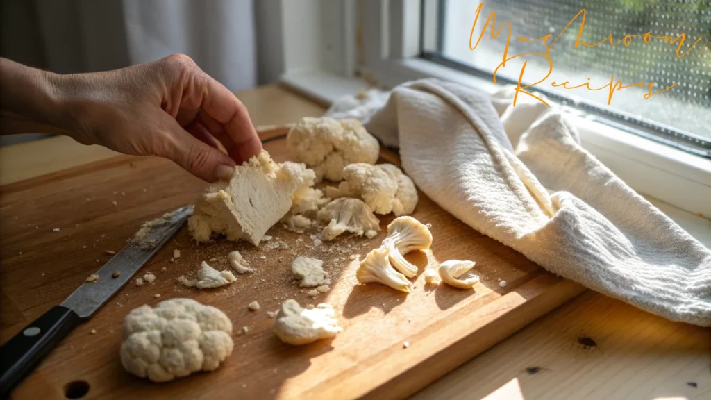 Hand preparing lion’s mane mushrooms and cauliflower on a wooden cutting board next to a kitchen window, with a knife and cloth towel in view.