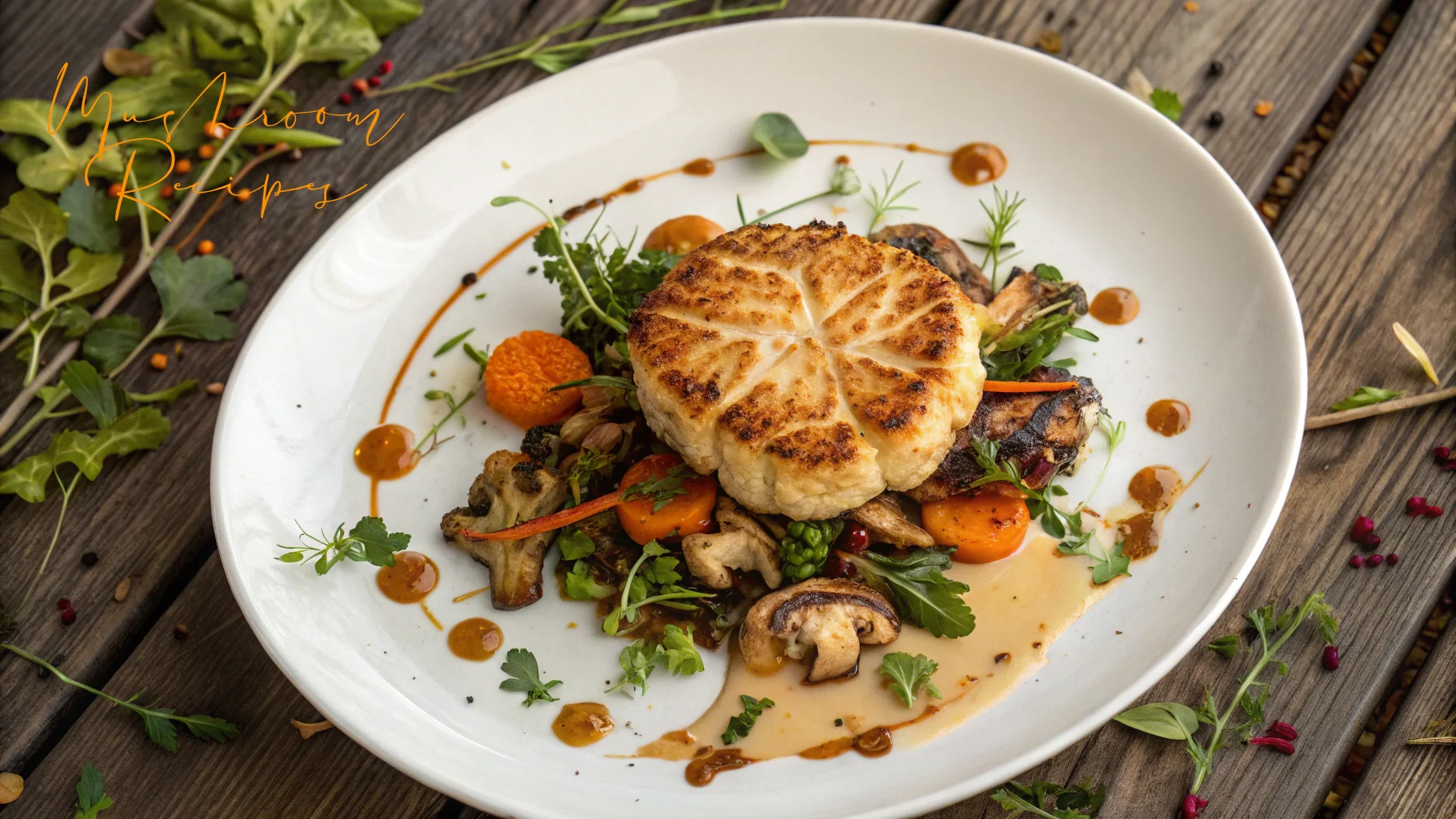 Gourmet lion’s mane mushroom steak seared to golden perfection, served on a white plate over a colorful medley of sautéed vegetables and greens, artfully drizzled with sauce and garnished with herbs.