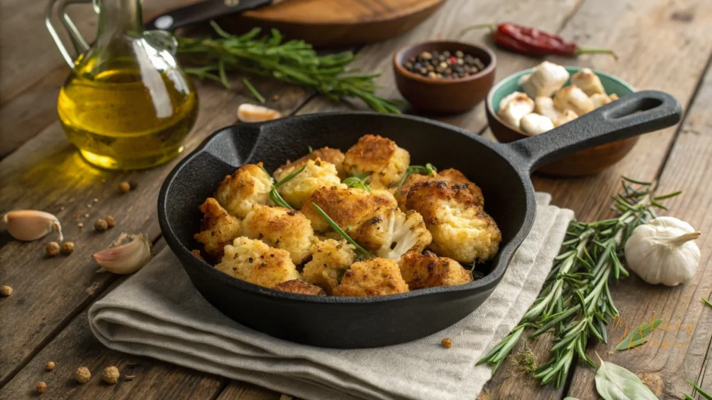 lion’s mane mushroomr in a cast iron skillet, garnished with rosemary, placed on a linen napkin with garlic, herbs, and olive oil on a rustic wooden table.