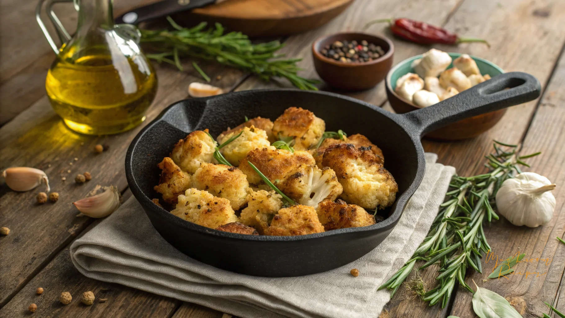 lion’s mane mushroomr in a cast iron skillet, garnished with rosemary, placed on a linen napkin with garlic, herbs, and olive oil on a rustic wooden table.