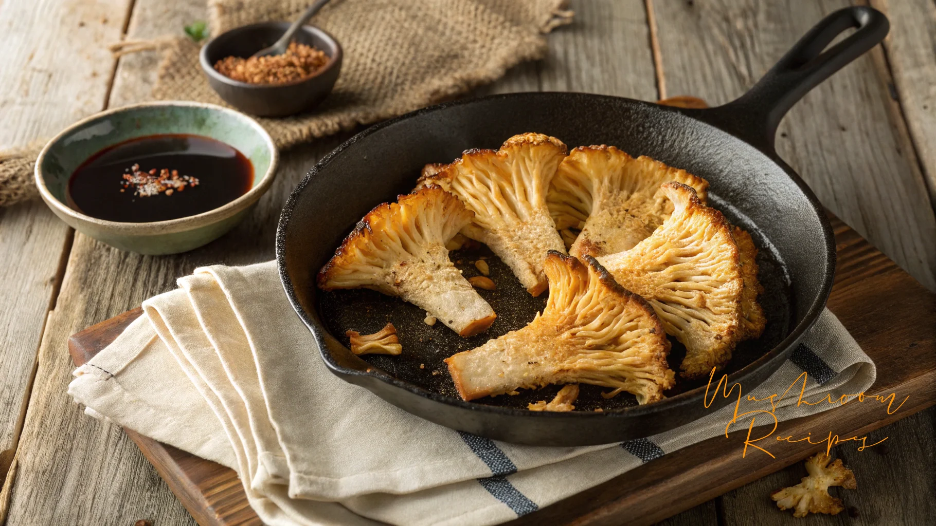 Golden-brown Lion’s Mane mushrooms seared in a cast iron skillet, served with dipping sauce and seasonings on a rustic wooden surface.