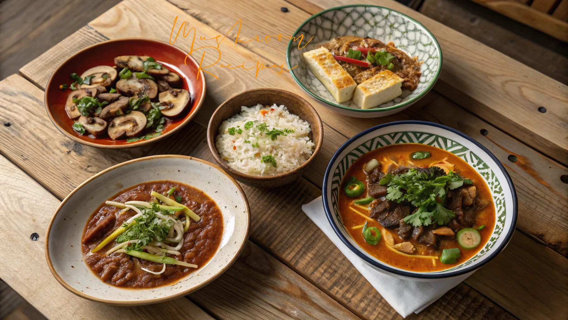A rustic wooden table displaying a vibrant spread of Asian-inspired mushroom dishes including sautéed mushrooms, curry with mushrooms and green chilies, tofu in a savory sauce, mushroom soup with herbs, and a bowl of steamed white rice garnished with parsley.