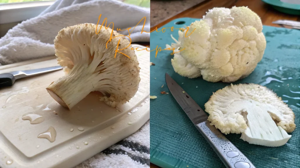 Two close-up images of different mushrooms being sliced on cutting boards with knives beside them.