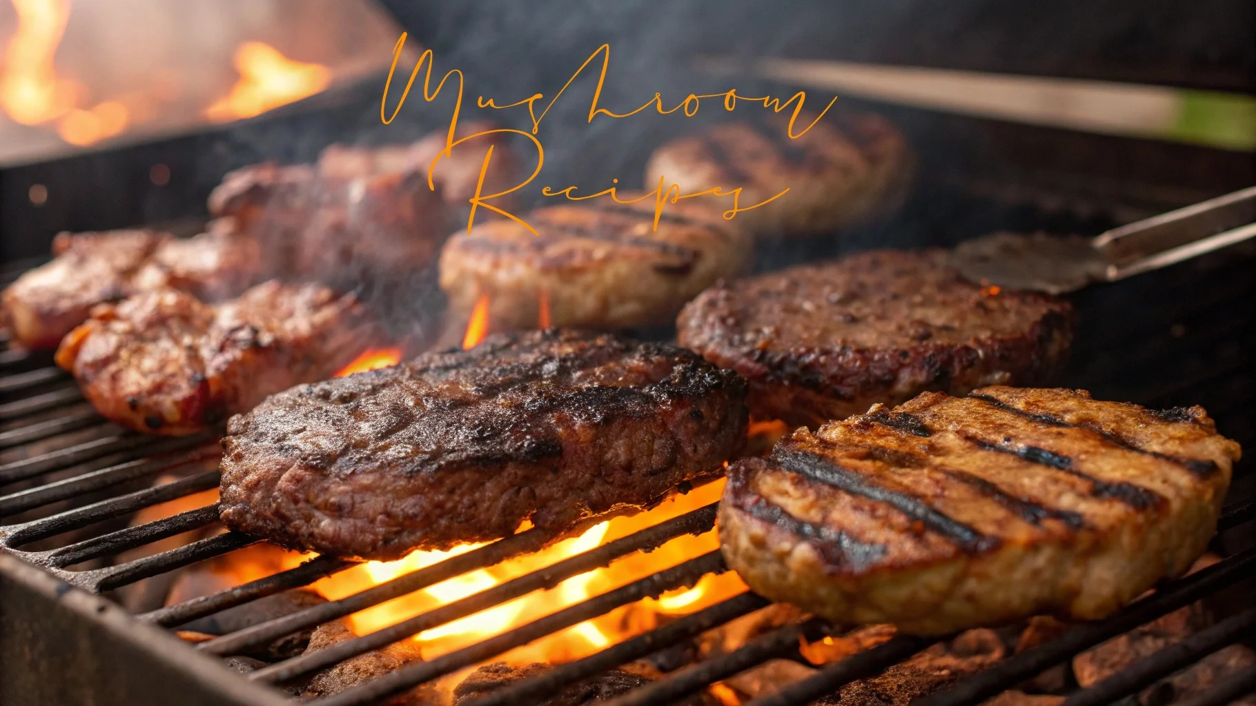 Lion’s Mane mushroom patties grilling over open flames on a barbecue, with char marks and smoke rising in a sizzling, fire-lit scene.