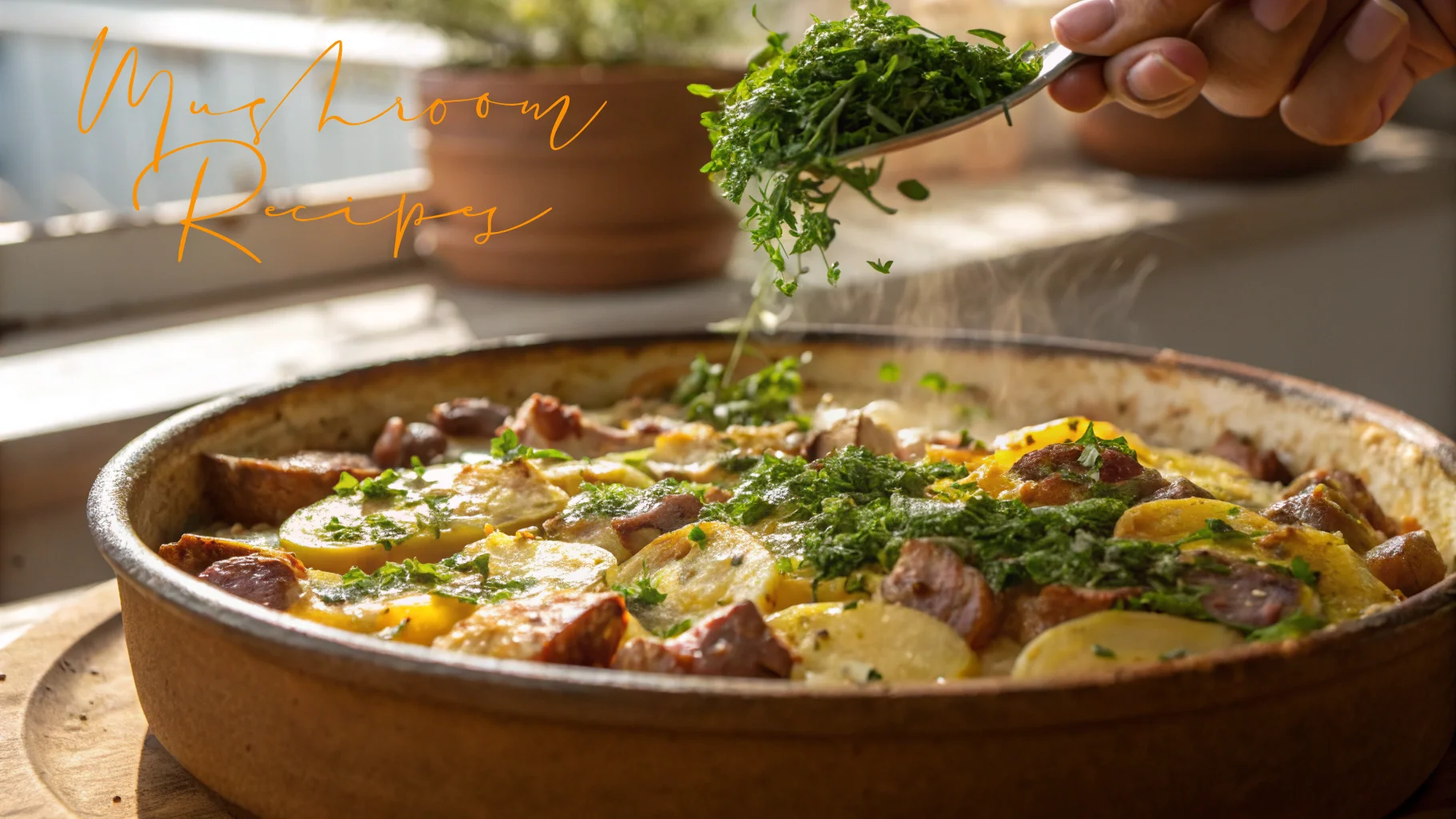 A hand sprinkles freshly chopped herbs onto a steaming baked dish made with mushrooms, potatoes, and sausage in a rustic ceramic pan, with sunlight streaming through a nearby window.