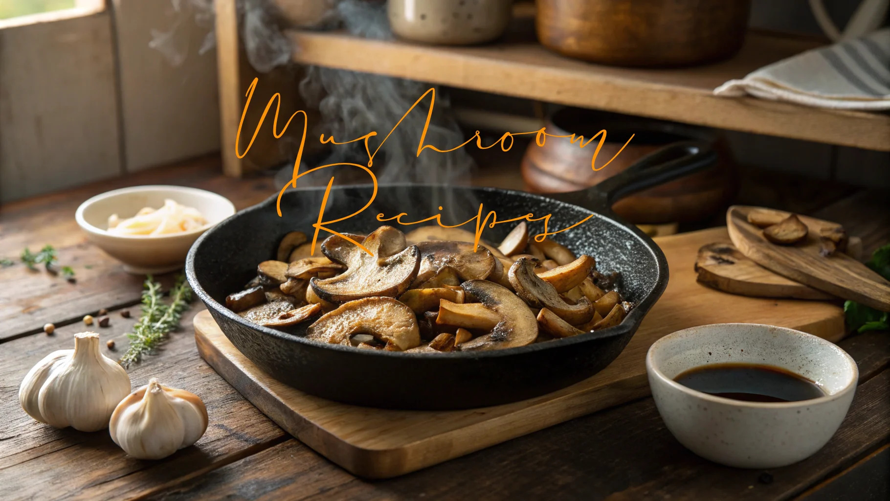 A rustic kitchen scene featuring a steaming cast iron skillet filled with sautéed mushrooms, surrounded by garlic cloves, a bowl of soy sauce, and sliced onions on a wooden countertop.