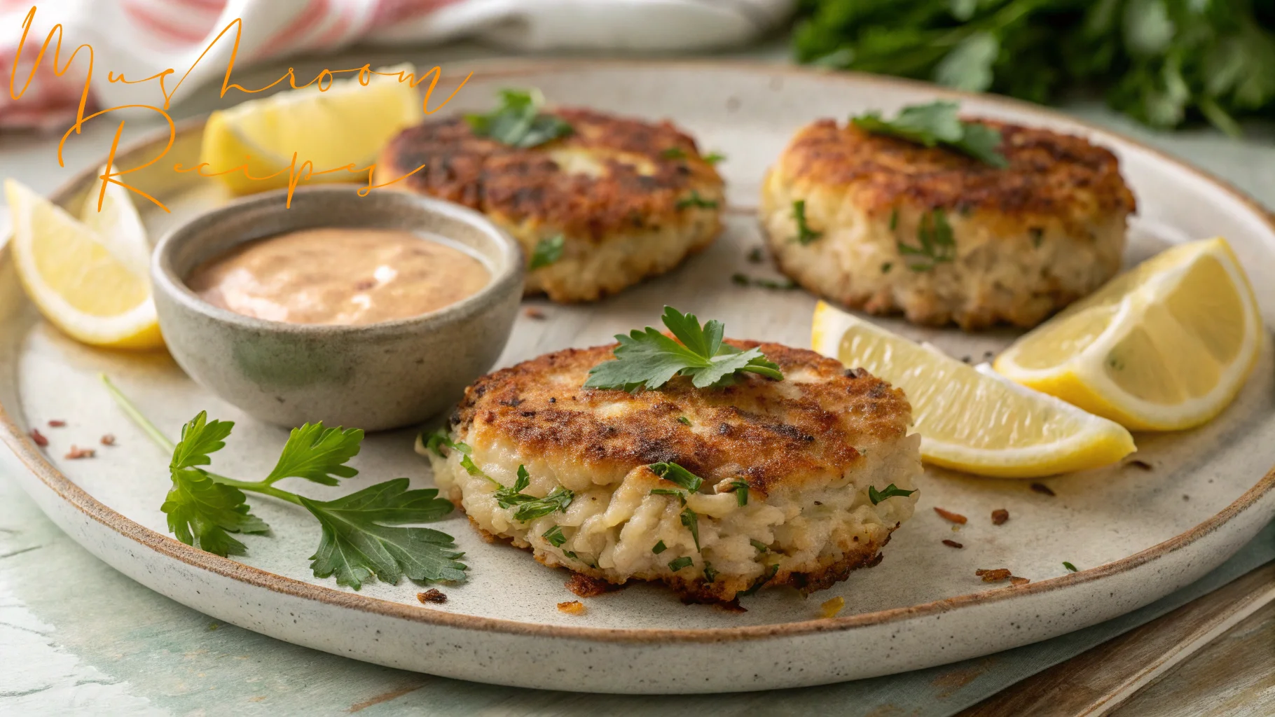 Golden-brown Lion’s Mane mushroom cakes garnished with parsley, served with lemon wedges and dipping sauce on a ceramic plate.