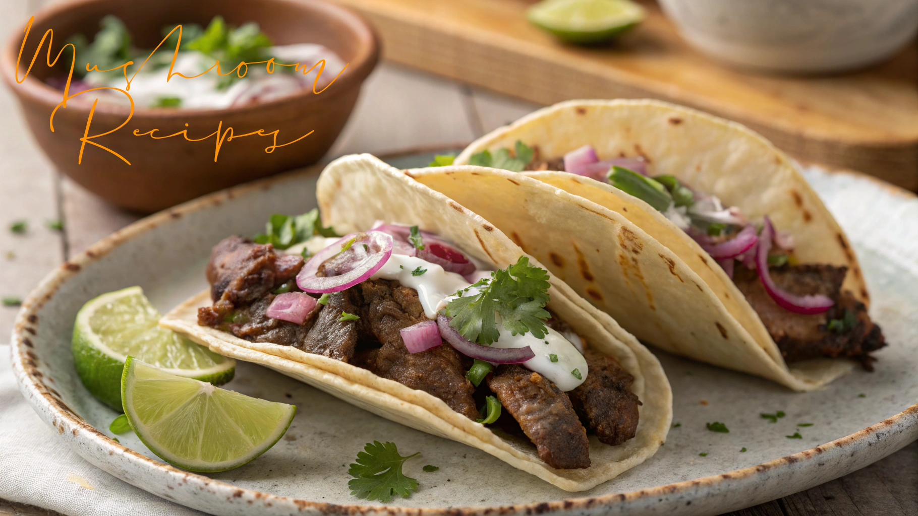 Two soft tacos filled with seared Lion’s Mane mushrooms, topped with pickled red onions, creamy sauce, fresh cilantro, and served with lime wedges on a rustic ceramic plate.