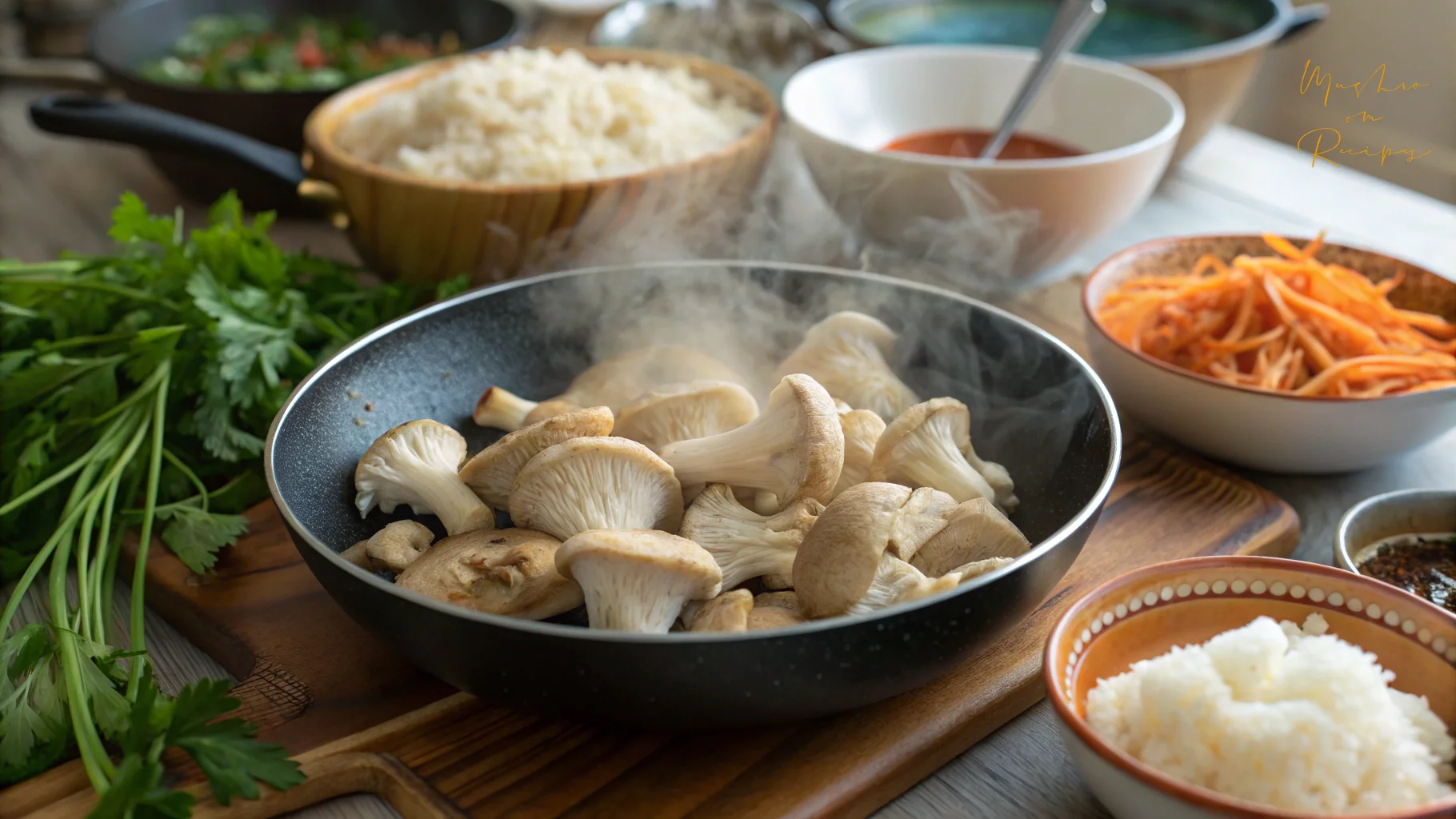 A steaming skillet filled with freshly sautéed oyster mushrooms sits on a wooden cutting board, surrounded by bowls of cooked rice, julienned carrots, fresh parsley, and sauces on a rustic table.