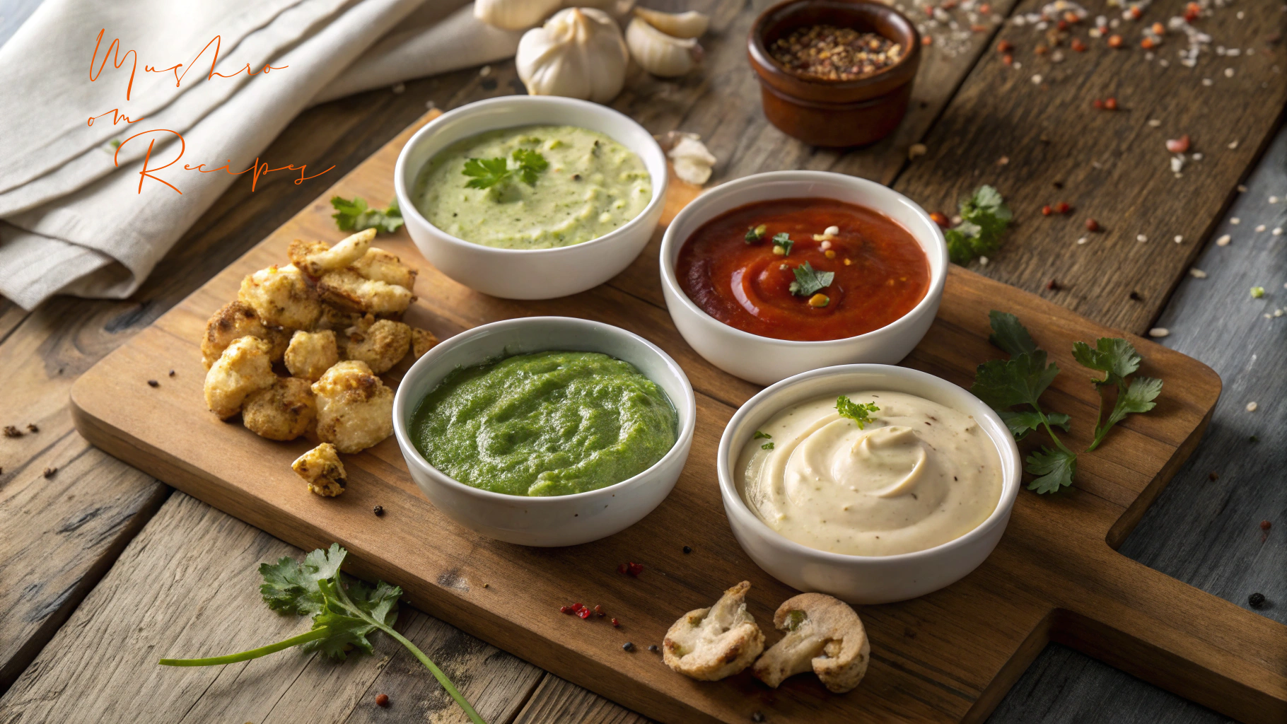 A wooden serving board with four bowls of colorful mushroom-based dipping sauces green, red, creamy white, and light green surrounded by crispy, golden-brown lion’s mane mushroom bites, garnished with herbs and garlic on a rustic table.