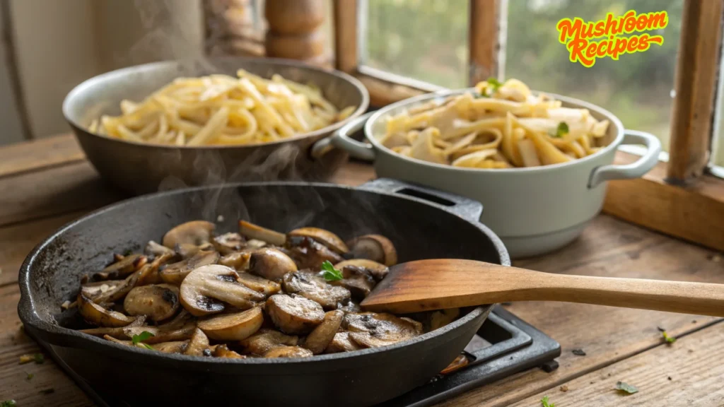 A steaming cast iron skillet filled with sautéed mushrooms sits on a wooden countertop next to two bowls of cooked pasta. One bowl is metal and the other is ceramic. The window in the background shows greenery outside, and the words "Mushroom Recipes" are displayed in the top right corner.