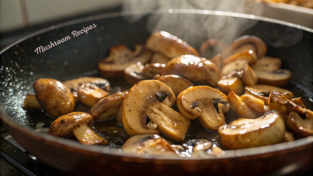 Sliced mushrooms being sautéed in a frying pan with steam rising, under warm lighting.