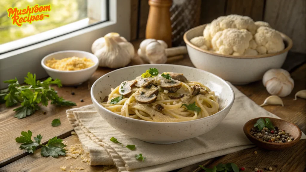A bowl of creamy mushroom pasta garnished with parsley, placed on a beige napkin on a rustic wooden table. Surrounded by fresh ingredients including garlic, cauliflower, parsley, grated cheese, and a peppercorn mix.