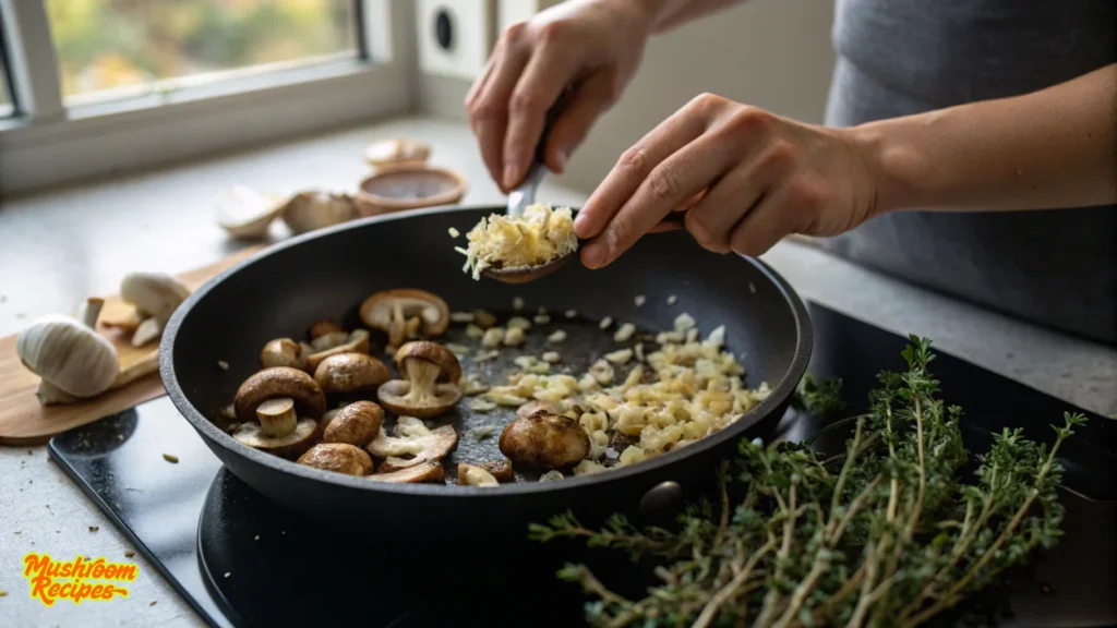 A person cooking in a kitchen adds shredded garlic or ginger to a skillet with chopped onions and whole and sliced mushrooms. Fresh herbs, likely thyme, are placed on the countertop nearby. The cooking appears to be part of a mushroom-based recipe, and the atmosphere is cozy and natural, with a window letting in daylight.