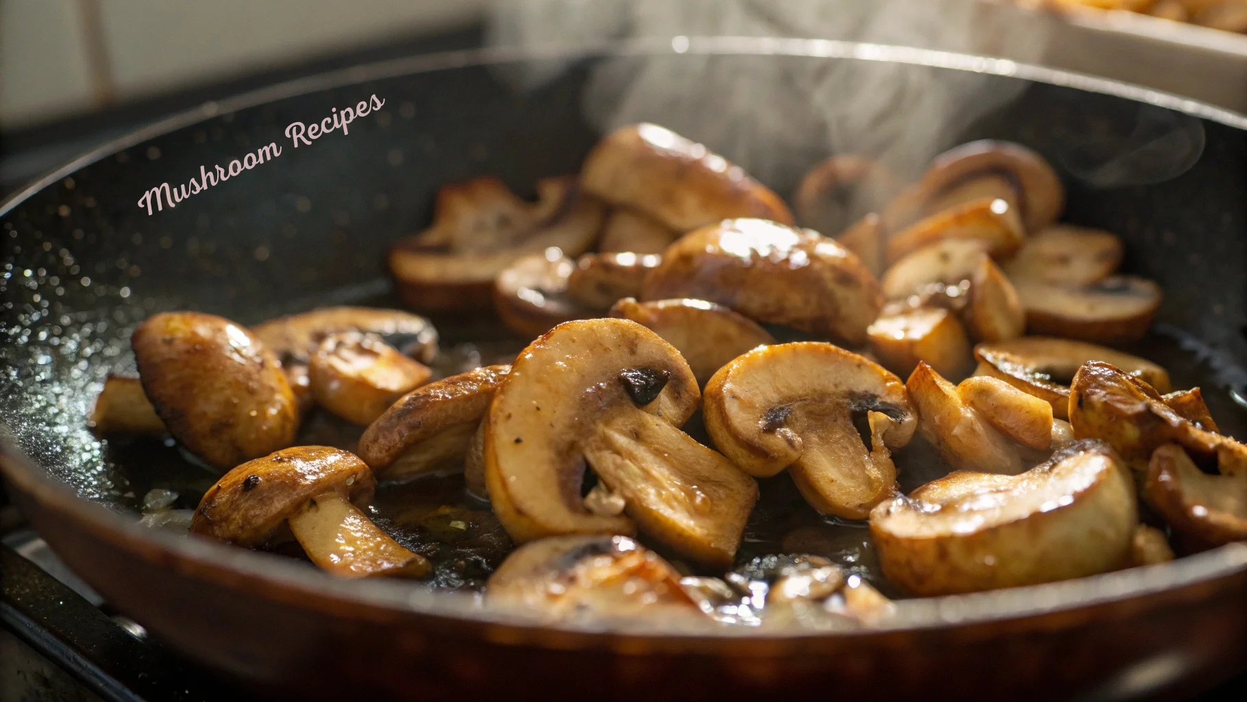 Sliced mushrooms being sautéed in a frying pan with steam rising, under warm lighting.