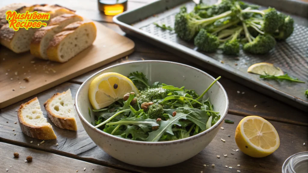 A rustic wooden table features a fresh green salad with arugula, broccoli, and nuts, garnished with lemon wedges in a ceramic bowl. Nearby, slices of crusty bread rest on a cutting board, with additional broccoli and lemon wedges on a metal tray in the background. The scene is warm and natural, evoking a wholesome and healthy meal setting. The image includes a “Mushroom Recipes” logo in the top left corner.