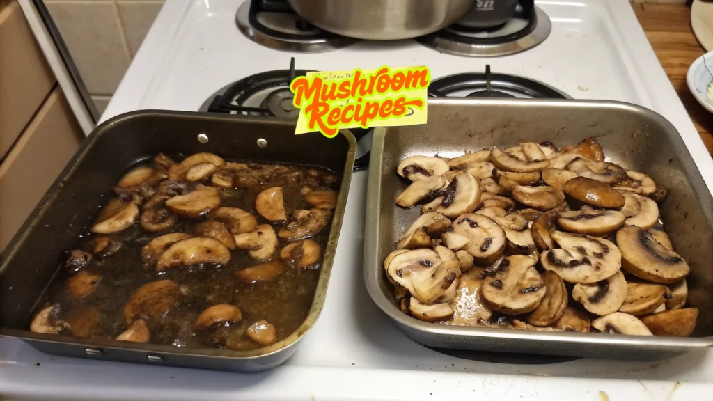 Two pans of sliced mushrooms are placed on a stovetop. The pan on the left contains mushrooms cooked in a liquid sauce, appearing soft and dark. The pan on the right holds freshly sautéed mushrooms with a firmer texture and lighter color. A colorful sign labeled “Mushroom Recipes” is placed between the pans above the stove burners, suggesting a cooking theme centered around mushrooms.