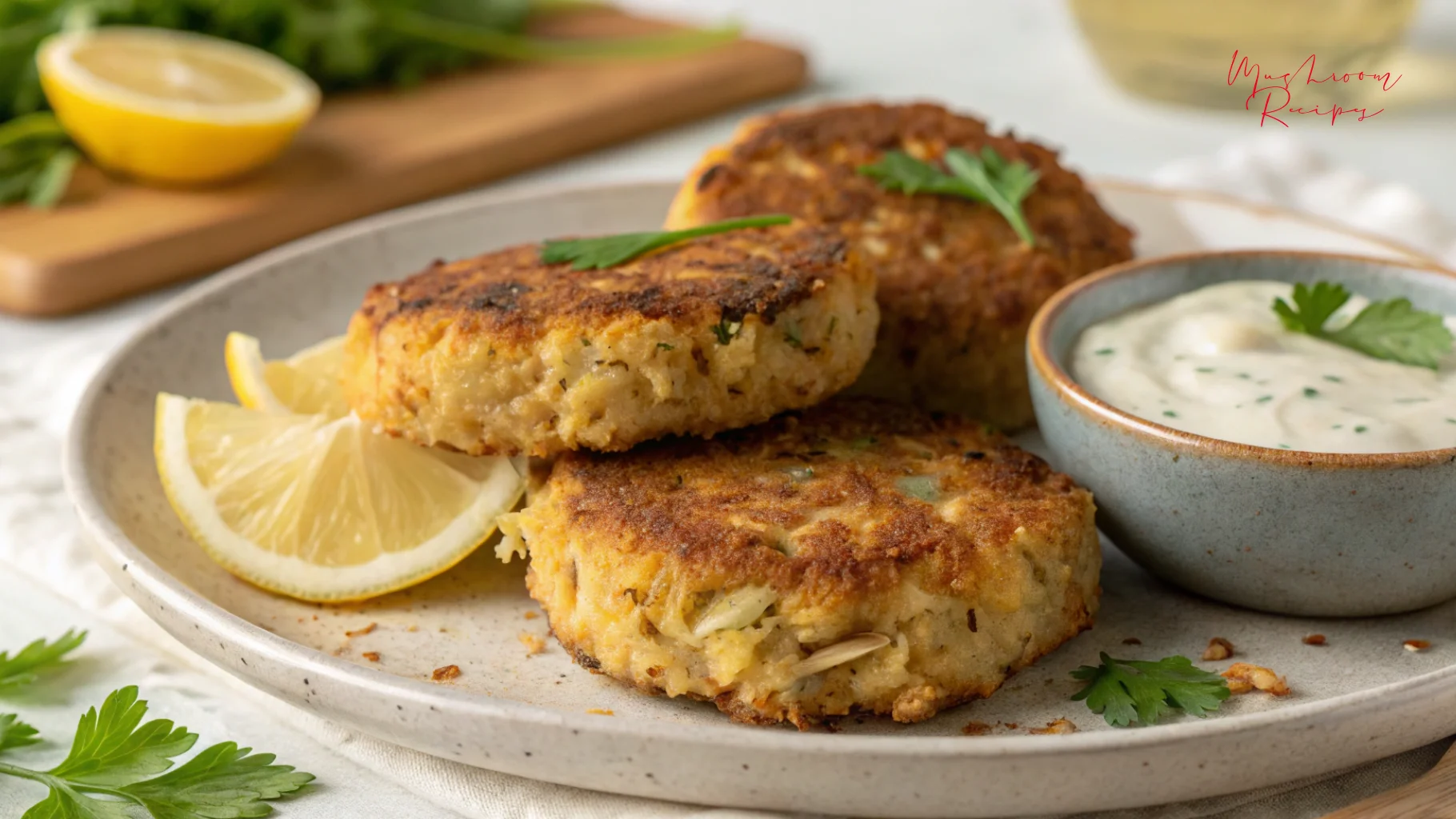 Golden-brown mushroom cakes served on a plate with lemon wedges and a creamy dipping sauce garnished with parsley.