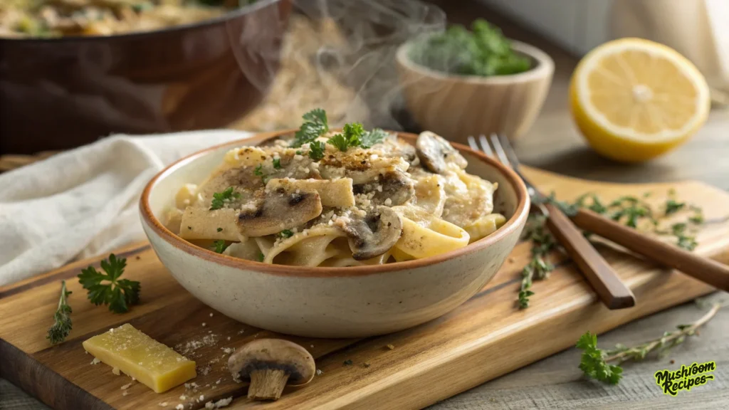 A steaming bowl of creamy mushroom pasta garnished with fresh herbs, served on a wooden board with a wedge of cheese, sliced mushrooms, and half a lemon in the background.