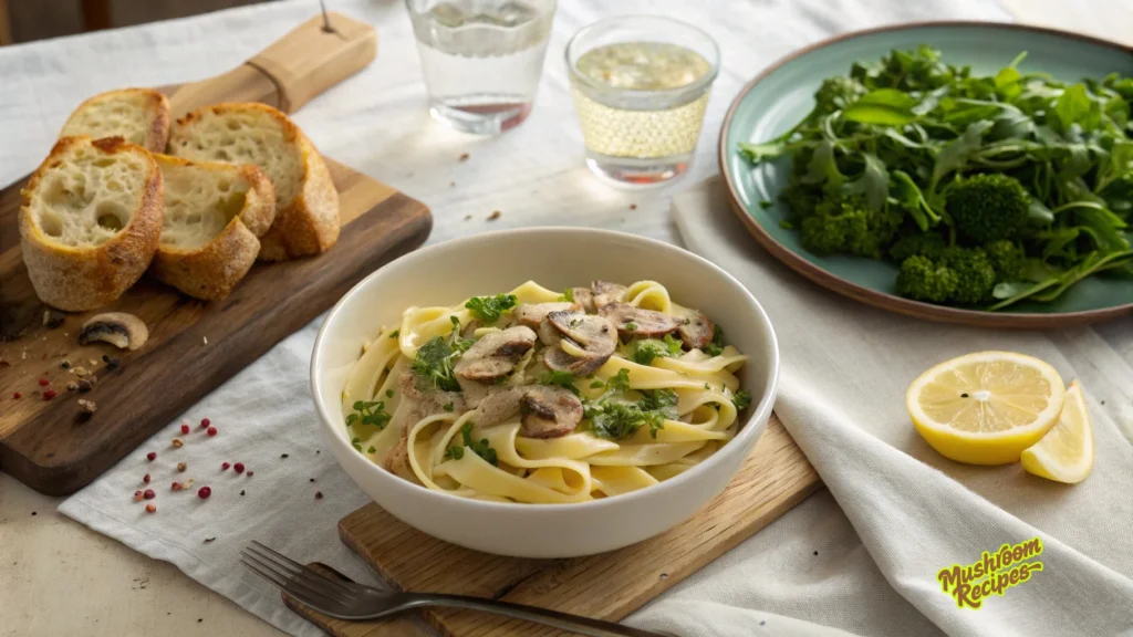 A bowl of creamy mushroom fettuccine garnished with chopped herbs, served on a wooden board alongside a plate of leafy greens and broccoli, a cutting board with sliced crusty bread, lemon wedges, and two glasses of sparkling and still water on a table set with a white cloth.