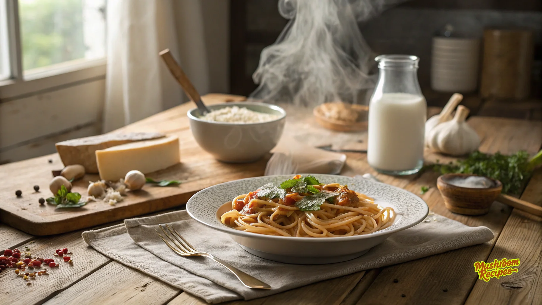 A steaming plate of spaghetti with tomato sauce and herbs is served on a rustic wooden table alongside a glass bottle of milk, a bowl of grated cheese, and a wooden cutting board with parmesan, garlic cloves, herbs, and peppercorns.