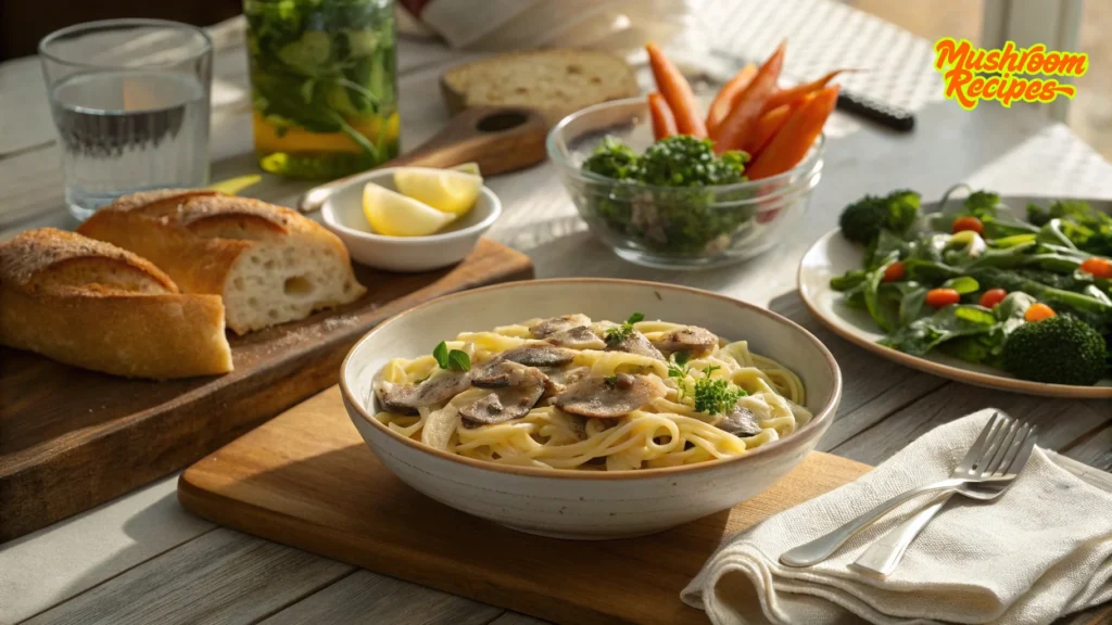 A bowl of creamy mushroom pasta garnished with herbs, served alongside fresh bread, a salad with cherry tomatoes and broccoli, lemon wedges, and a refreshing glass of infused water on a sunlit table.