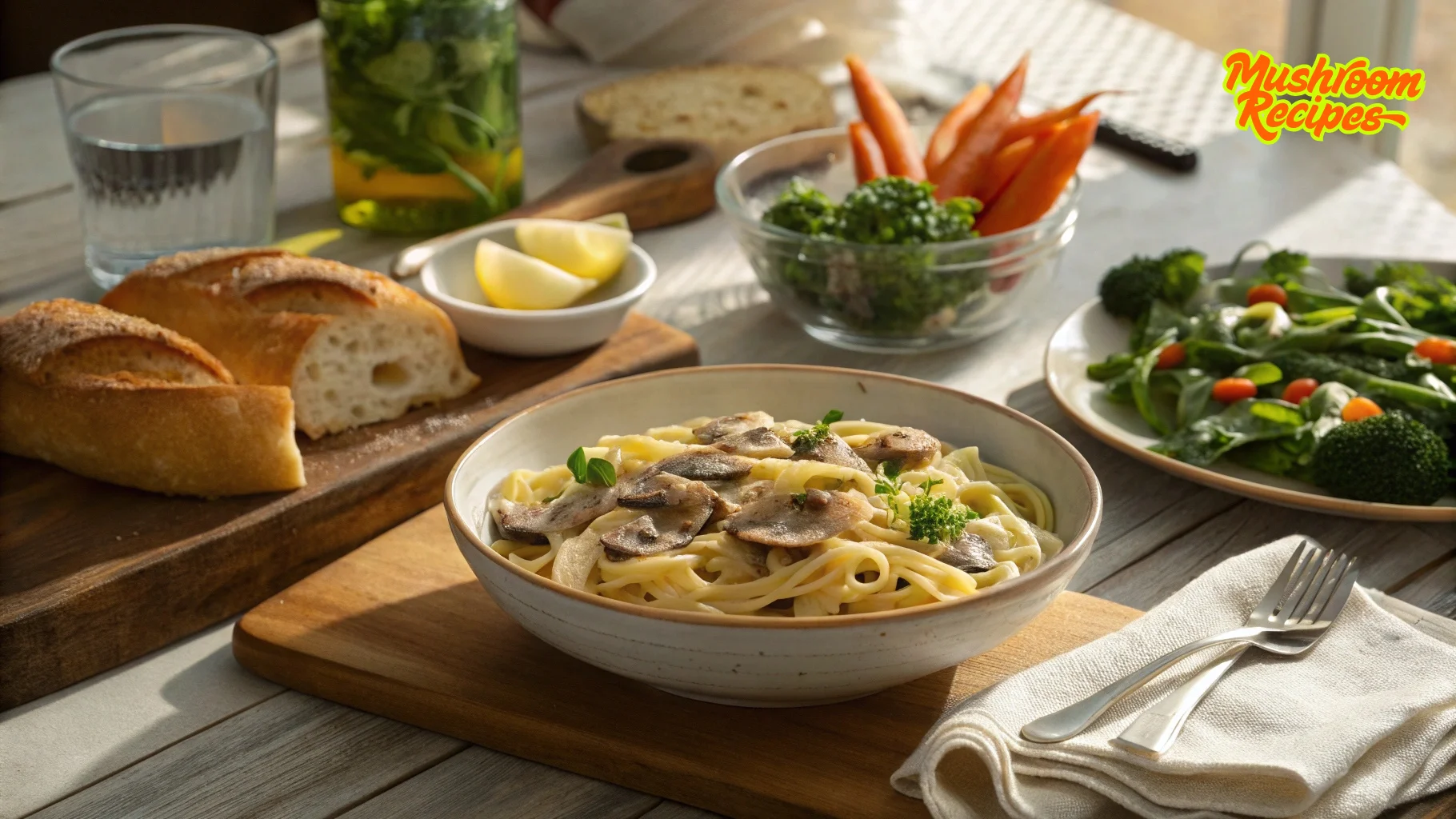A bowl of creamy mushroom pasta garnished with herbs, served alongside fresh bread, a salad with cherry tomatoes and broccoli, lemon wedges, and a refreshing glass of infused water on a sunlit table.