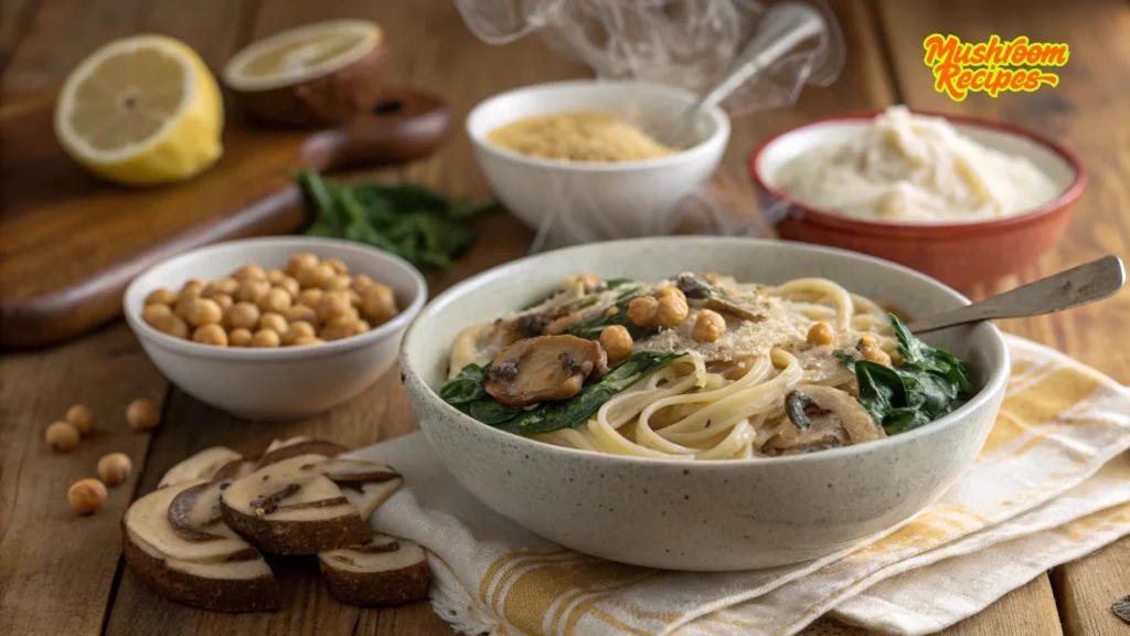A steaming bowl of creamy mushroom pasta with spinach, chickpeas, and sliced mushrooms, surrounded by ingredients like lemon halves, chickpeas, and bowls of sauce and nutritional yeast on a rustic wooden table.