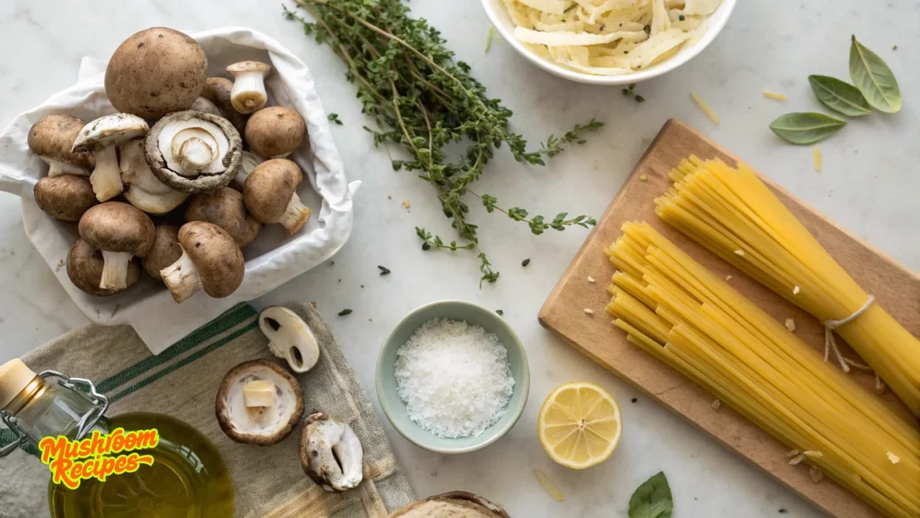 A top-down view of ingredients for a mushroom pasta recipe arranged on a white countertop. On the left, a basket filled with whole and sliced brown mushrooms sits beside a bottle of olive oil with a "Mushroom Recipes" label. Nearby are sprigs of fresh thyme, sliced white mushrooms, and a linen cloth. In the center, a small bowl of grated Parmesan cheese and a halved lemon are visible. To the right, two bundles of uncooked spaghetti rest on a wooden cutting board. At the top, a bowl of shredded cheese is partially visible. Fresh basil leaves are scattered around the workspace.
