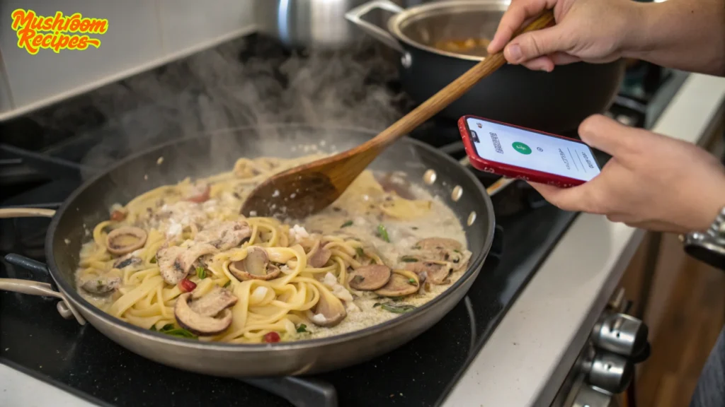 A person cooking creamy mushroom pasta in a steaming skillet on a stove while stirring with a wooden spoon and simultaneously holding a smartphone in the other hand. The phone screen displays an incoming call. A pot with another dish is seen in the background, and the image includes a "Mushroom Recipes" logo in the upper left corner.
