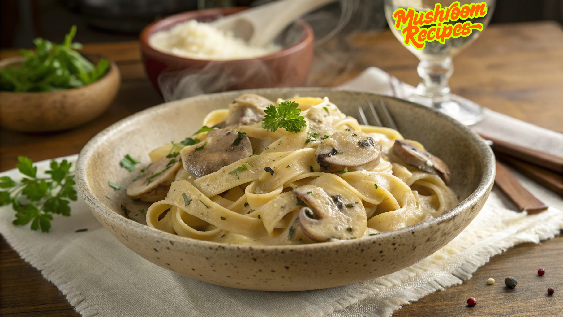 A steaming bowl of creamy mushroom fettuccine pasta garnished with fresh parsley, served in a rustic ceramic bowl on a cloth napkin. In the background, there are bowls of grated cheese and herbs, with a branded "Mushroom Recipes" label visible on a wine glass.