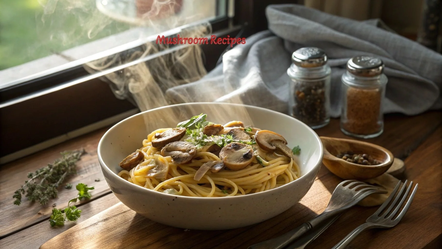 A steaming bowl of spaghetti with sautéed mushrooms and herbs, placed on a rustic wooden table near a sunlit window, with spice jars and cutlery beside it.