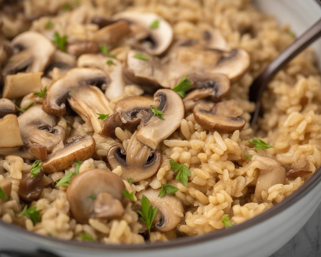 Delicious Mushroom Rice with sautéed mushrooms, garlic, and fresh herbs.