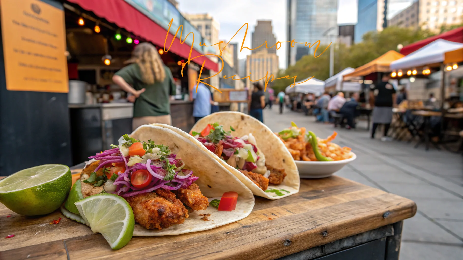 Tacos filled with crispy mushroom bites, vibrant pickled onions, cherry tomatoes, cilantro, and lime wedges served on a rustic wooden table at an outdoor food market.