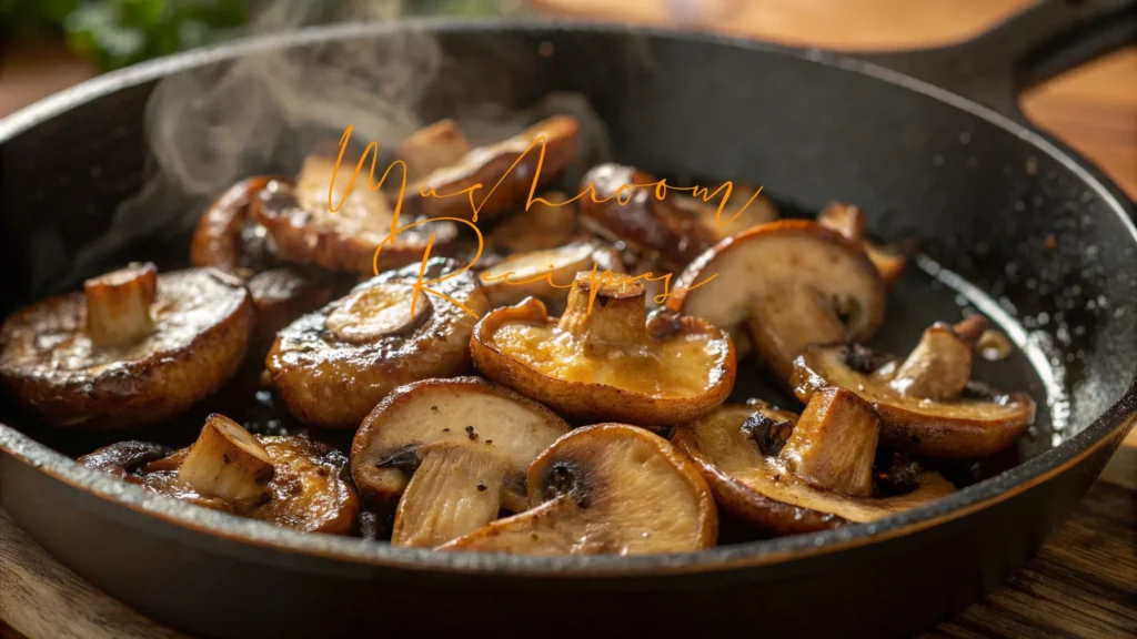 A close-up of sautéed shiitake mushrooms in a black cast iron skillet, steaming hot and golden brown, with the words "Mushroom Recipes" written in a cursive font across the image.