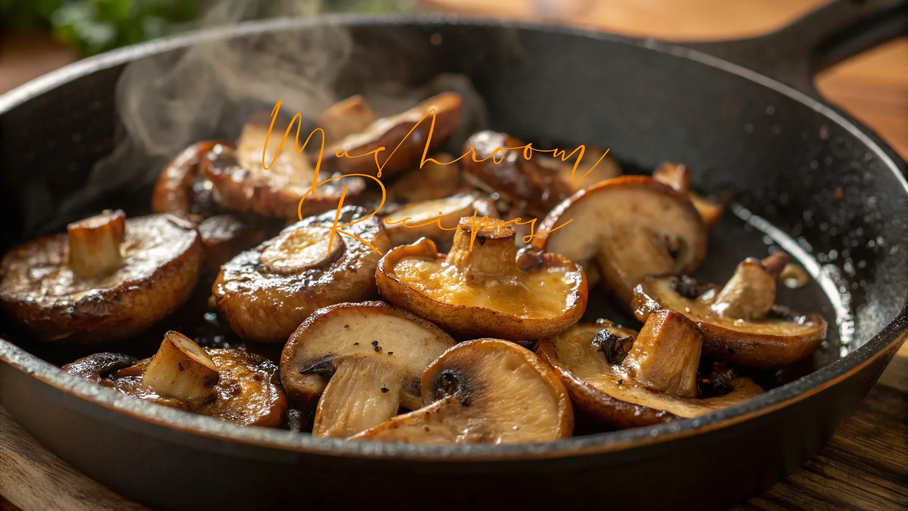 A close-up of sautéed shiitake mushrooms in a black cast iron skillet, steaming hot and golden brown, with the words "Mushroom Recipes" written in a cursive font across the image.