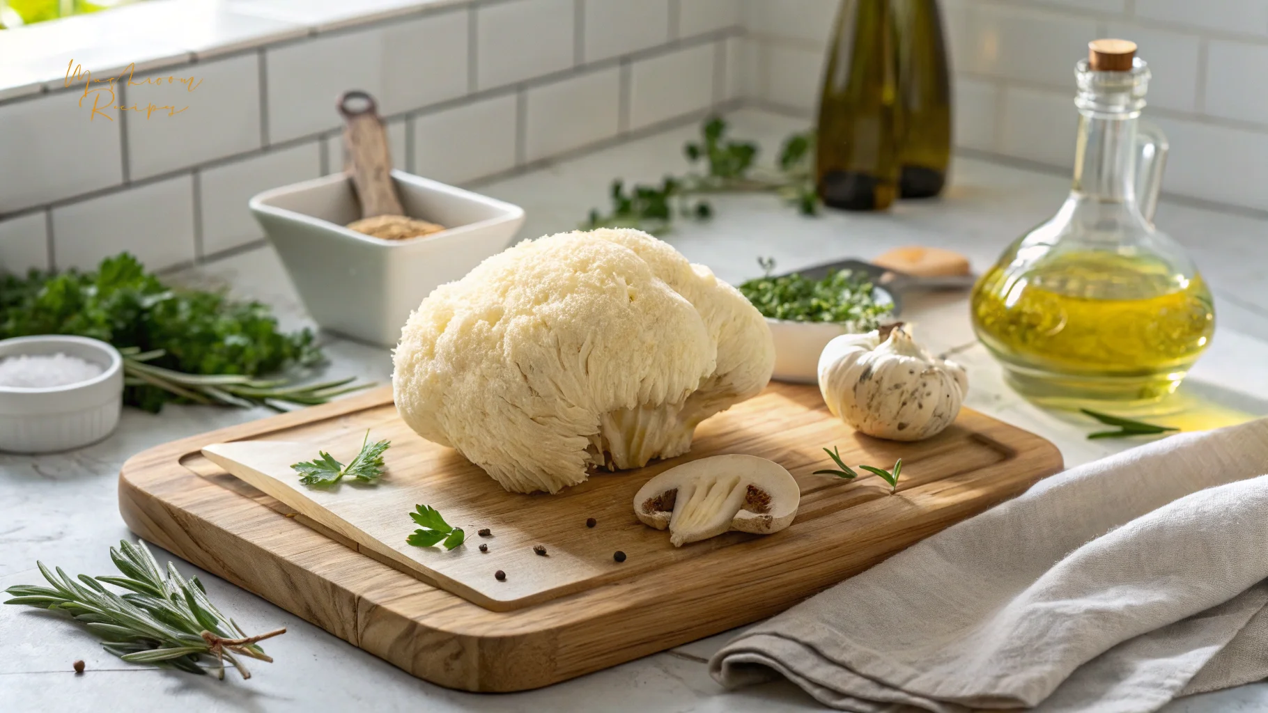 Fresh lion’s mane mushroom on a wooden cutting board, surrounded by herbs, garlic, olive oil, and kitchen spices.