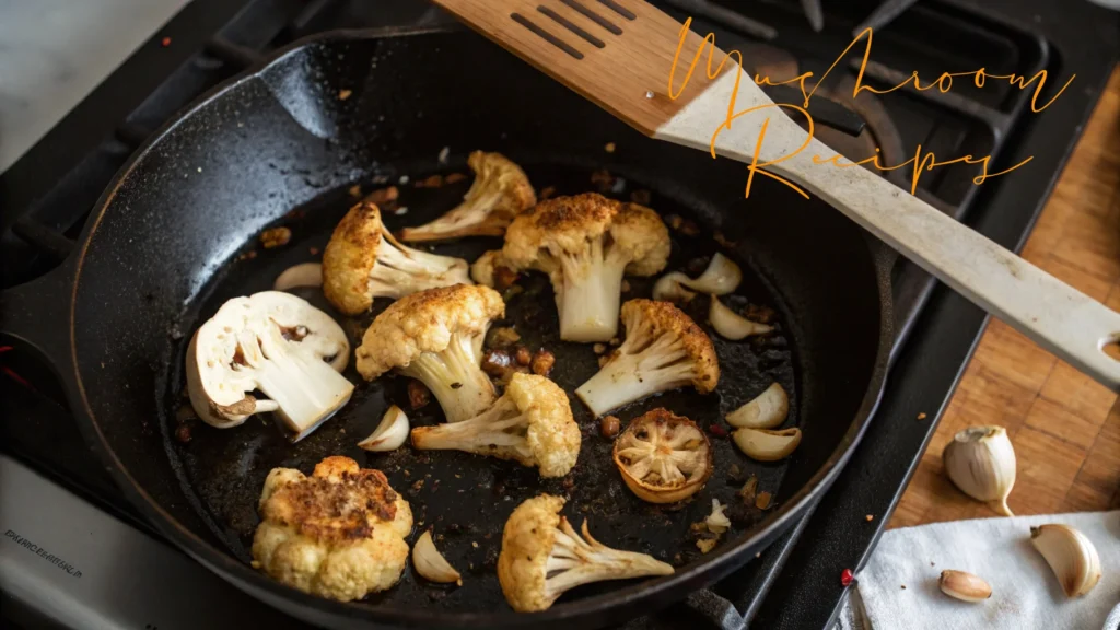 Cast-iron skillet on stovetop with sautéed cauliflower florets, garlic cloves, and a halved lemon.
