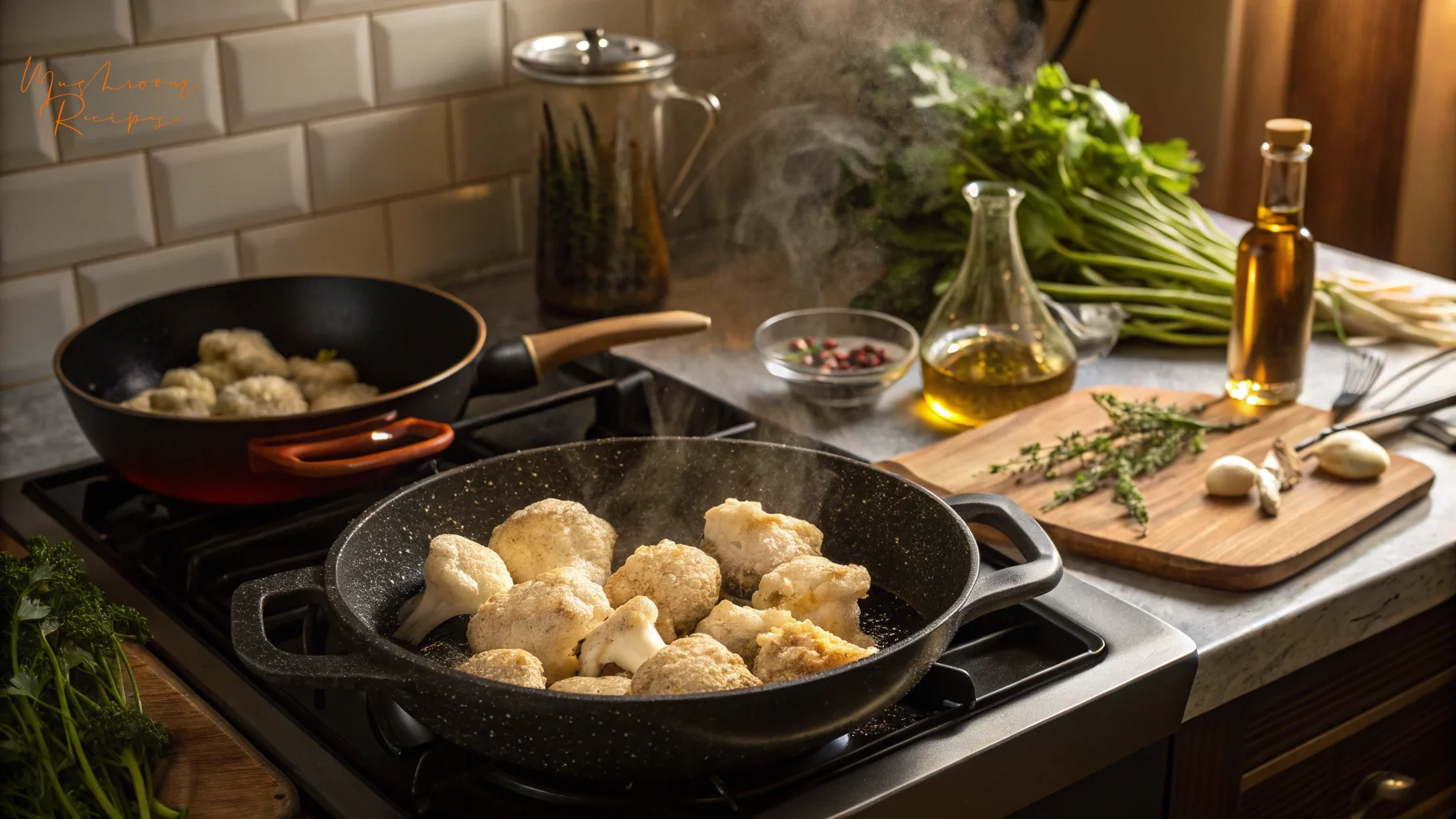 Two frying pans on a stovetop cooking breaded cauliflower florets with steam rising, surrounded by fresh herbs, garlic, oil bottles, and a wooden cutting board on a kitchen counter.