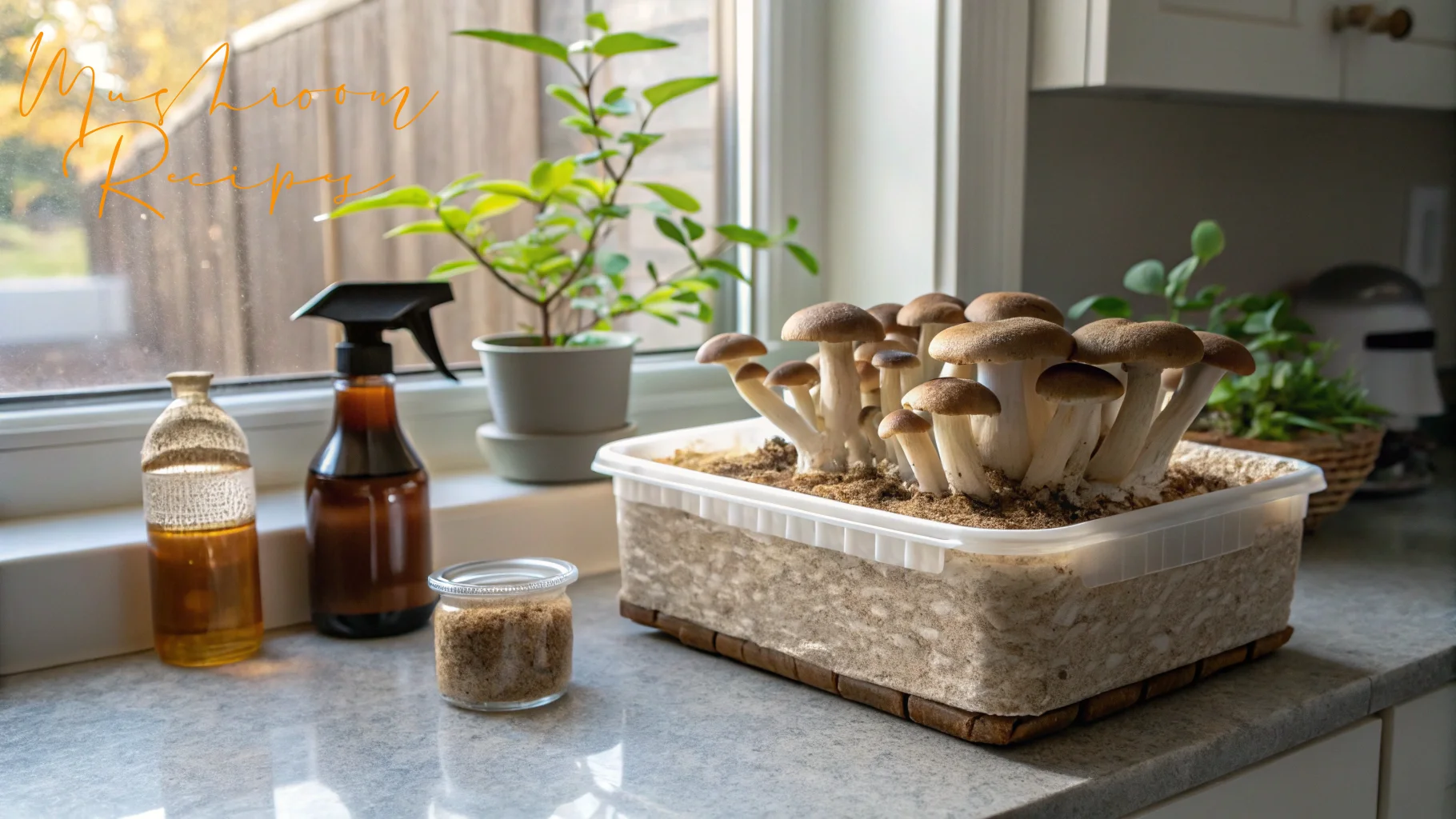 A tray of shiitake mushrooms growing indoors on a kitchen windowsill, surrounded by small potted plants, a spray bottle, and jars of natural ingredients.