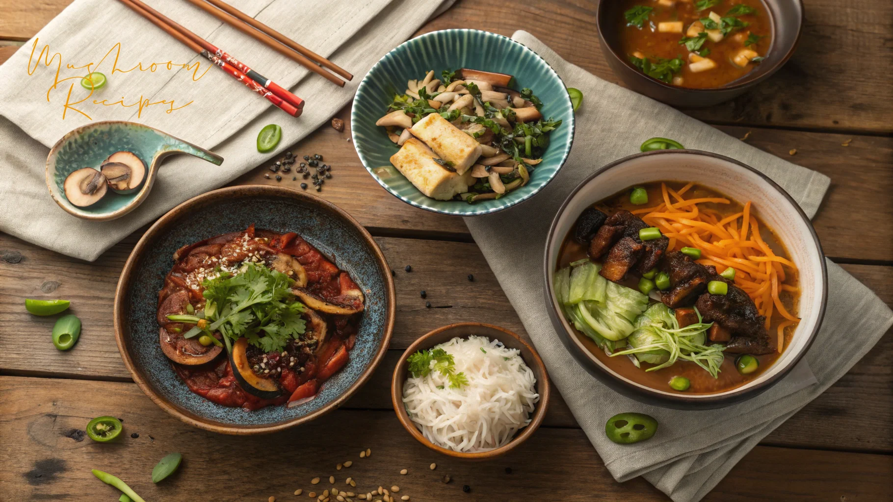 A vibrant assortment of mushroom-based Asian dishes, including tofu with mushrooms, rice noodles, soup, curry, and a noodle bowl with grilled mushrooms and vegetables, served on a rustic wooden table.