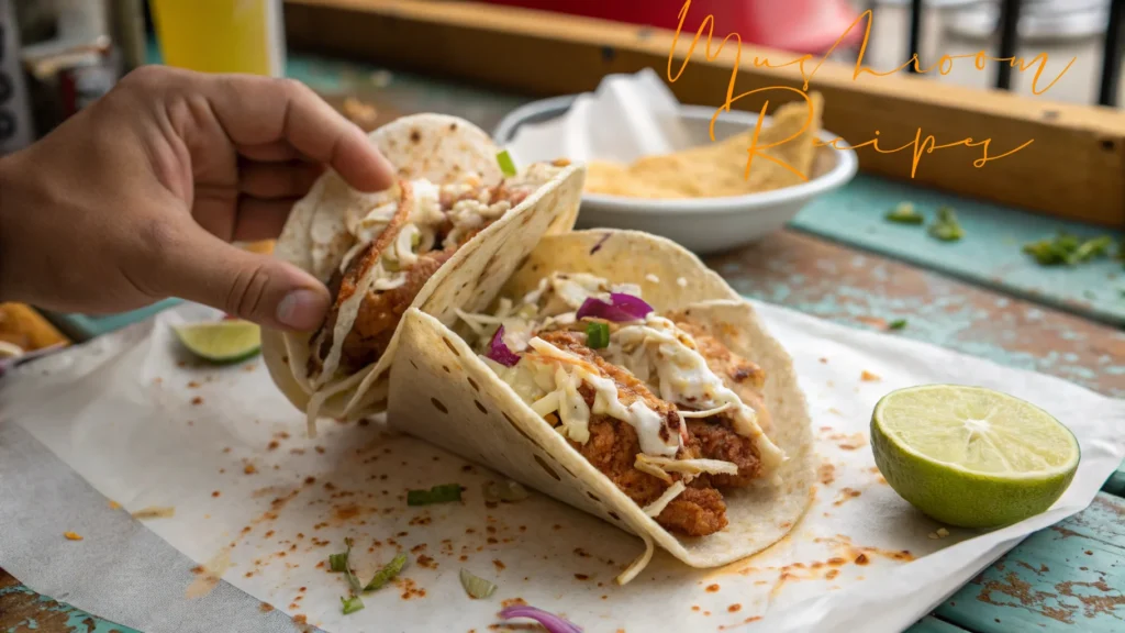A hand holding one of two soft tacos filled with crispy fried mushrooms, creamy slaw, and garnished with chopped onions and herbs, served on parchment paper with a halved lime.
