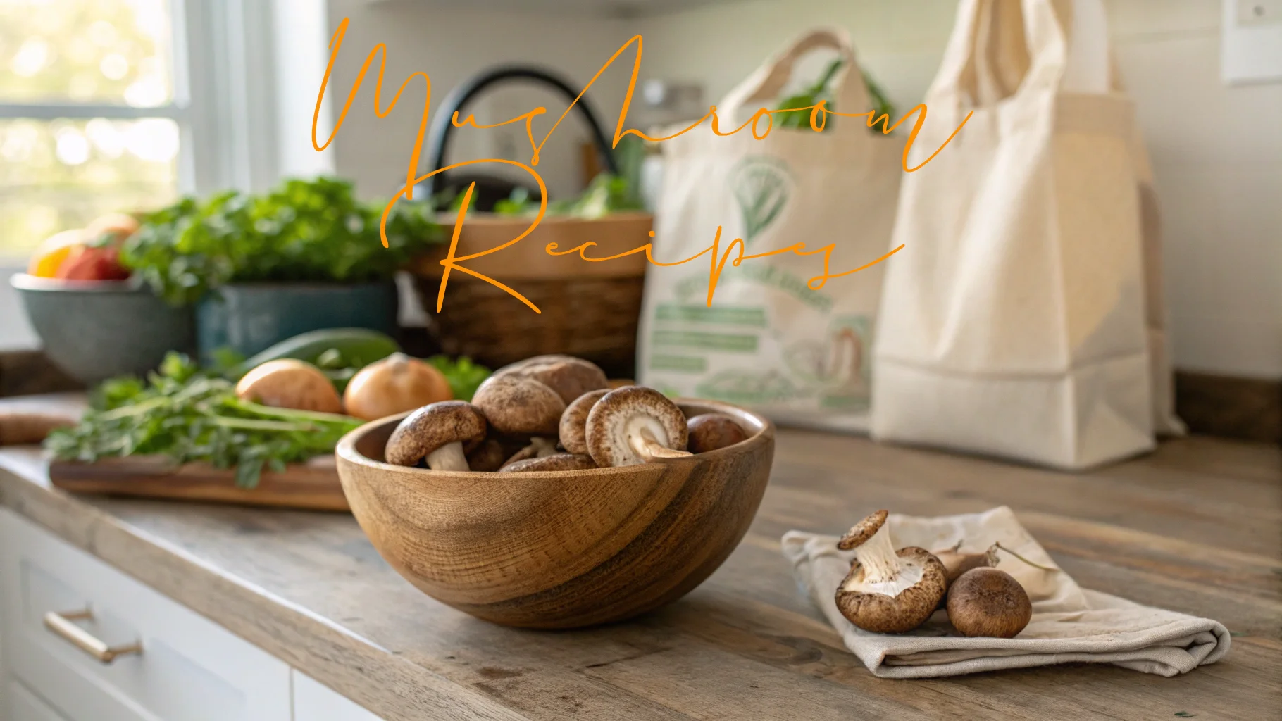 A wooden bowl filled with fresh shiitake mushrooms on a kitchen countertop, surrounded by herbs, onions, and grocery bags in the background. The text "Mushroom Recipes" is written in an elegant script across the image.