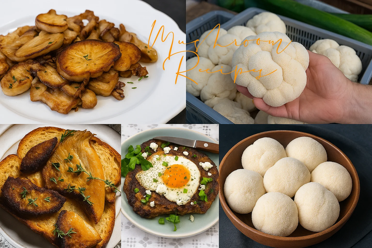 A collage showcasing Lion's Mane mushrooms and various cooked dishes made from them. The image features raw Lion’s Mane mushrooms in a hand and in a bowl, and several plated meals including pan-seared slices, toasted mushrooms on bread, and a mushroom patty topped with a fried egg and herbs.