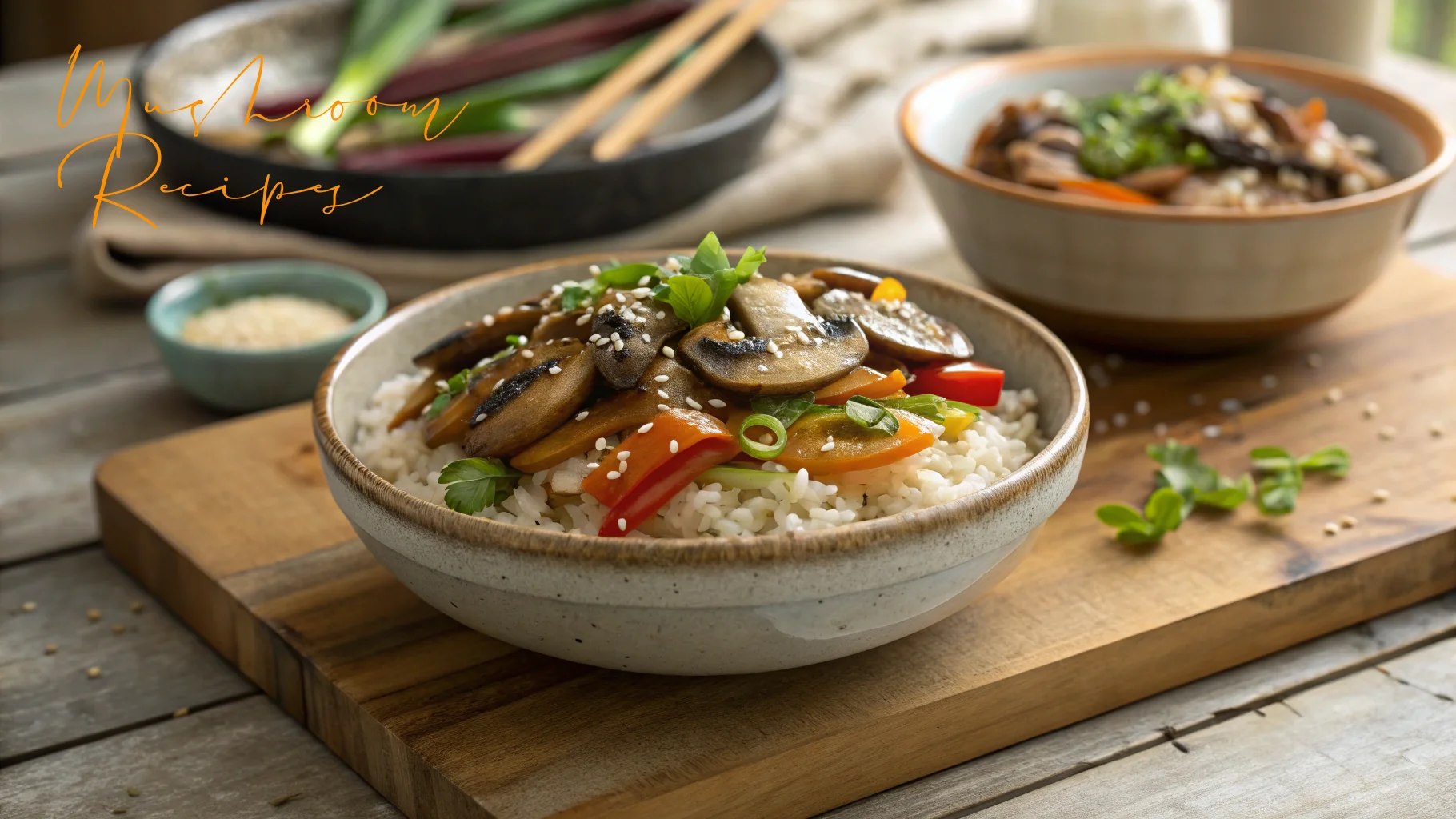 Bowl of rice topped with sautéed mushrooms, bell peppers, scallions, and sesame seeds, garnished with fresh herbs, served on a wooden board.