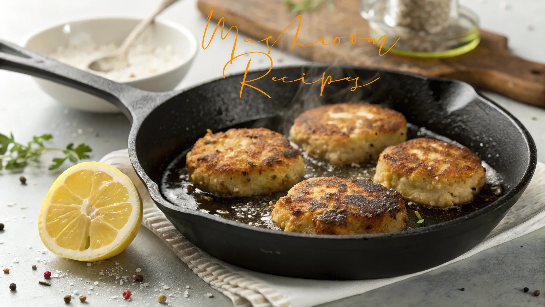 Four golden-brown Lion’s Mane mushroom “crab” cakes sizzling in a cast iron skillet, surrounded by lemon, salt, and herbs on a light kitchen surface.