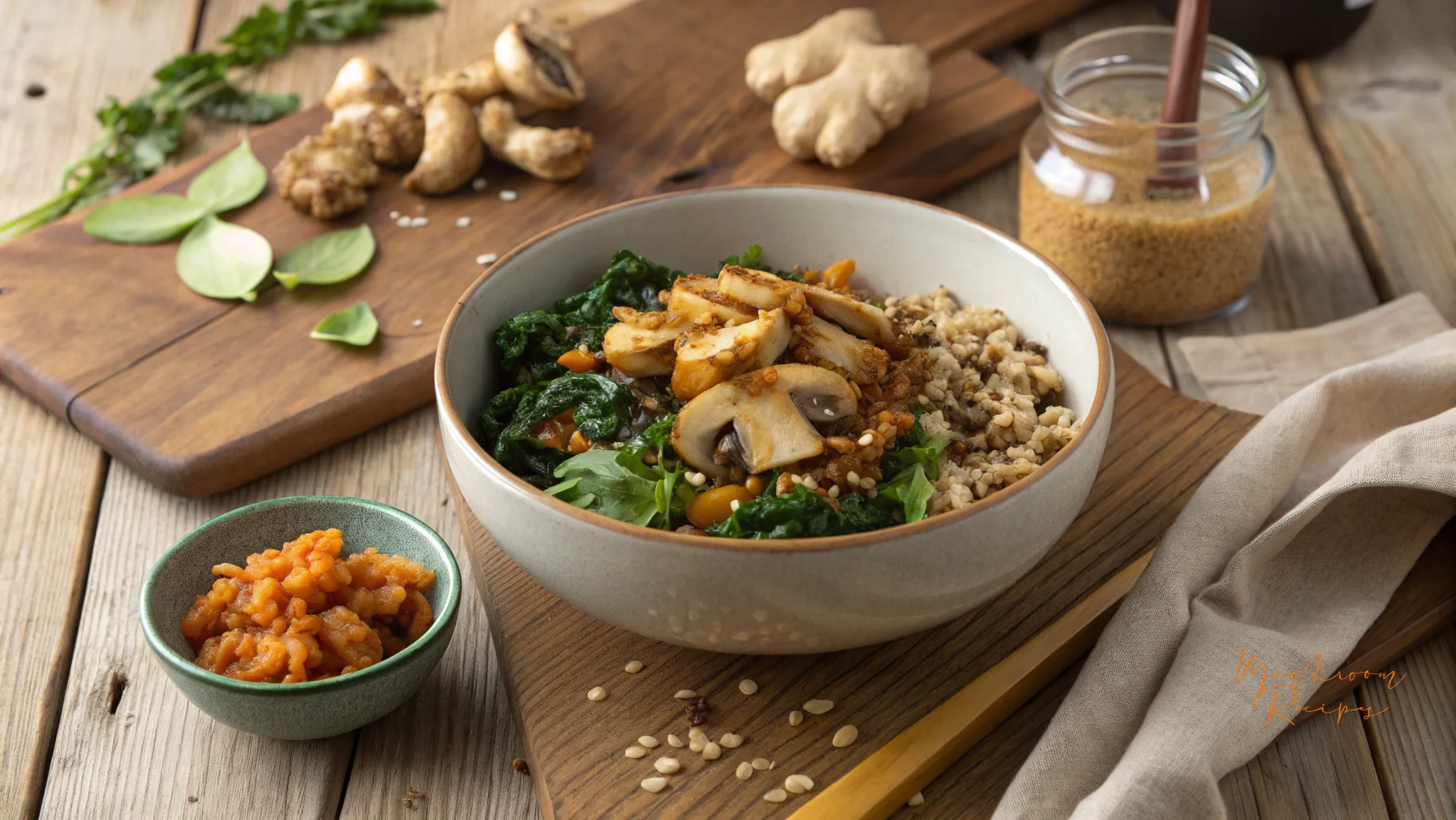 A wholesome vegan Buddha bowl filled with sautéed mushrooms, wilted greens, cooked grains, and fresh vegetables, placed on a rustic wooden table with ginger, mushrooms, and sesame seeds scattered around.